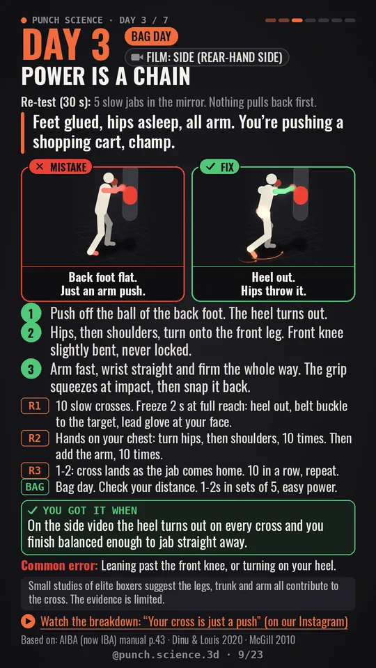 The Day 3 page: the mistake, the fix, three cues and the rounds